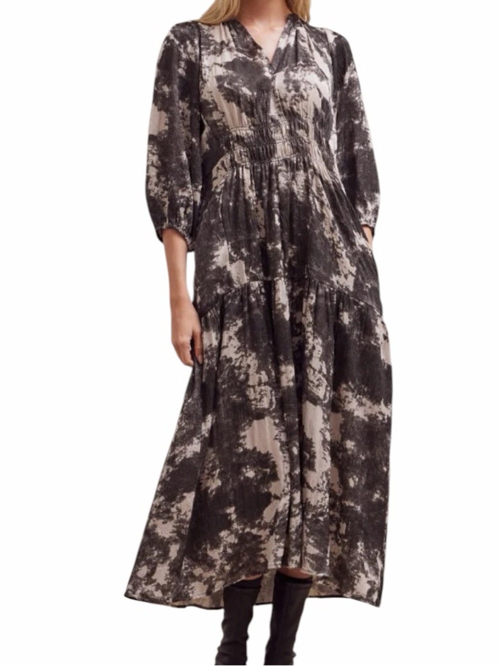 Grade & Gather Grey/Black/Cream Tie Dye V-Neck 3/4 Sleeve Tiered Maxi Dress SNEW